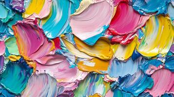 A vibrant and textured painting featuring a rich palette of colors applied in thick, expressive strokes, creating a dynamic abstract composition. photo