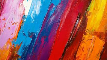 An abstract painting featuring thick brushstrokes of vibrant colors creating a textured and dynamic composition across the canvas. photo