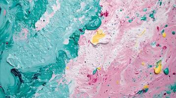 Abstract art piece featuring textured swirls of pink, teal, and yellow paint creating a dynamic and vibrant visual experience. photo