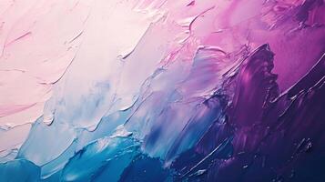 Abstract painting featuring a gradient of blues, pinks, and purples with visible brush strokes and textured surface. Modern art. photo