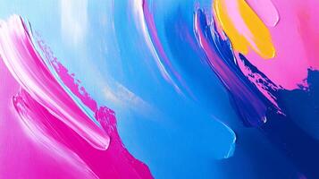 Abstract painting with bold brushstrokes of blue, pink, and yellow creating a vibrant and dynamic composition on a textured surface. photo
