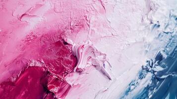 Abstract painting with pink, white, and blue hues, featuring thick textured brushstrokes creating a visually engaging artistic surface. photo