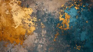 Distressed texture featuring hues of gold, teal, and gray, creating a visually striking and weathered surface. Unique and aged aesthetic. photo