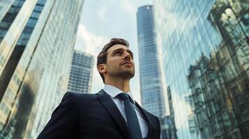 Confident businessman gazes upwards towards tall buildings, embodying ambition and leadership in the modern urban landscape. photo