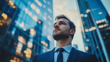 Ambitious businessman in a suit looks toward the sky, standing tall against a backdrop of towering office buildings during daylight. photo
