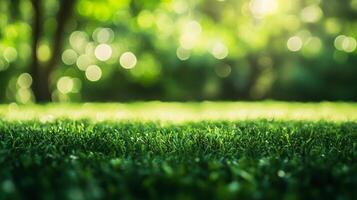 Close-up of vibrant green grass with blurred foliage and bokeh lights in the background creating a serene and natural scene. photo