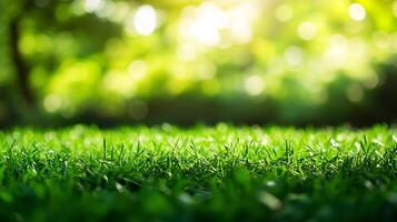 Lush green grass field bathed in sunlight, offering a serene and vibrant view with blurred foliage in the background. Ideal for tranquility. photo