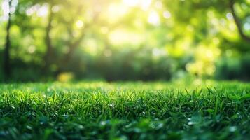 Lush green grass extends towards a sun-drenched, blurred backdrop of trees, creating a vibrant and inviting natural setting. Fresh photo