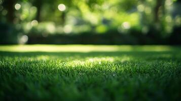 A close-up captures lush green grass illuminated by sunlight, creating a vibrant and natural lawn texture. Blurry background adds depth. photo