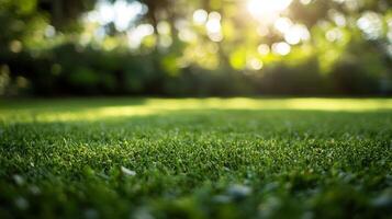 Lush green lawn with sunlight filtering through the trees creating a beautiful, serene outdoor space. photo