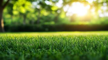 Lush green grass glistening in the sunlight, creating a serene and inviting outdoor scene. Represents nature, tranquility, and freshness. photo