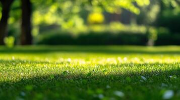 A vibrant green lawn in a garden setting, with soft sunlight filtering through the trees, creating a serene and inviting atmosphere. photo