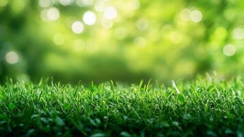 Lush green grass with bokeh background, perfect for nature themes, outdoor scenery, and serene landscapes in summertime, full of light. photo
