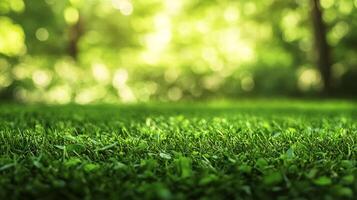 A vibrant patch of lush green grass stretches out in the foreground, with a blurry green forest forming a soft, inviting backdrop. photo