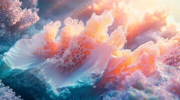 Abstract coral reef structure with warm light highlighting intricate cellular patterns and soft, otherworldly textures. photo