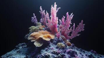 A vibrant coral reef ecosystem with branching coral formations, sponges, and rich textures. Light streams in from above, creating a captivating underwater scene. photo