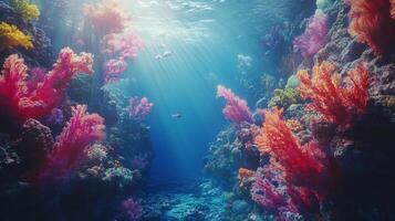 Vibrant coral reef ecosystem featuring colorful soft corals and diverse marine life in clear turquoise water with sun rays penetrating through. photo