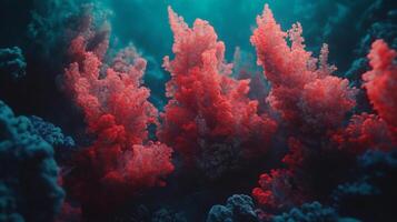 Abstract fractal arrangement with intricate red clusters juxtaposed against a serene teal and darker background, evoking coral reef. photo