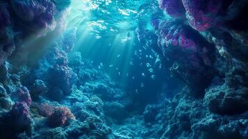 Underwater scene with sun rays penetrating through clear water, illuminating rock formations and marine life, creating a serene atmosphere. photo