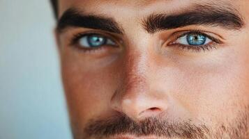 Detailed close-up of a man's face highlighting striking blue eyes and facial features, creating an intimate and captivating image. photo