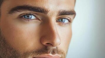 Close-up portrait of a man with striking blue eyes, showcasing his sharp facial features and fair skin against a neutral background. photo