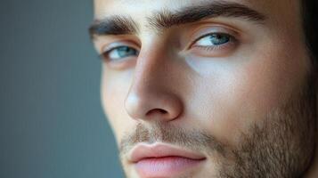 Close-up of a handsome man with piercing blue eyes, showing off clear skin and subtle facial hair against a plain, soft background. photo