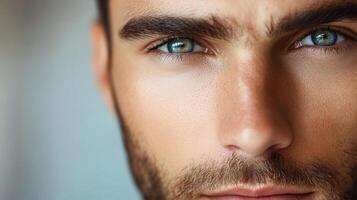 Intense gaze of a handsome man with striking blue eyes, capturing depth and focus. A close-up portrait emphasizing facial features and expression. photo