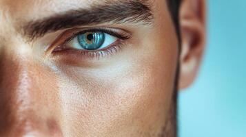 Captivating close-up of a man's face, drawing attention to his striking blue eye, surrounded by intricate skin texture. photo