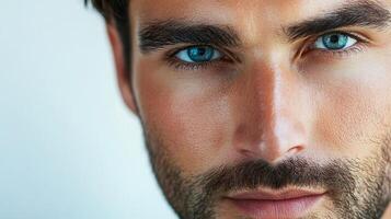 Close-up of a man's face with striking blue eyes, showcasing intense gaze and well-groomed beard against a soft, light background. photo