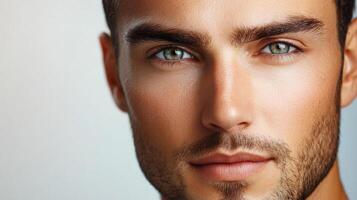 Striking portrait of a handsome man with captivating eyes and a well-groomed beard, radiating confidence and style in soft lighting. photo