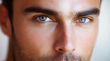A close-up of a fair-skinned man with mesmerizing blue eyes staring intensely, his face showing a light stubble against a plain background. photo