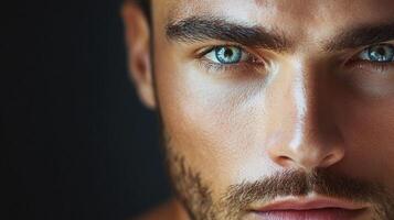Intense gaze of a handsome man with striking blue eyes, set against a dark background. Close up of a part of the face. photo