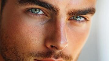 Intense gaze. Close-up shot capturing piercing blue eyes, strong brow line, and the rugged texture of a man's face in soft, natural lighting. photo