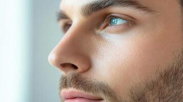 Portrait of a man with striking blue eyes looking out of frame, capturing a moment of contemplation and quiet introspection. photo