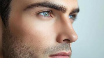 Close-up portrait of a man with striking light eyes, showing a natural, clean complexion and well-groomed eyebrows and beard. Minimalist aesthetic. photo