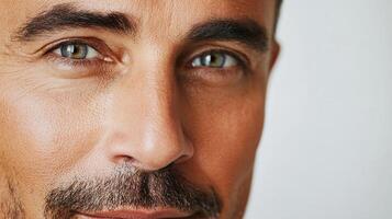 Close-up of a mature man with hazel eyes and a well-groomed mustache, showcasing his natural skin texture and confident demeanor. photo