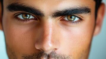 Close-up portrait emphasizing captivating eyes, sharp eyebrows, well-defined nose, and subtly visible facial hair. photo