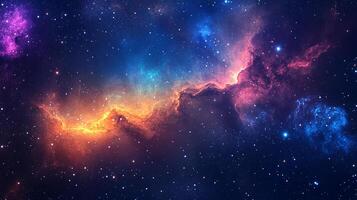 A vibrant, cosmic view of a nebula stretching across a dark expanse, filled with stars and glowing with colorful gas clouds. photo
