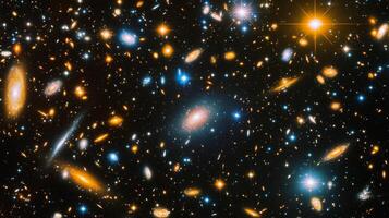 Galaxies in deep space display a vibrant tapestry of cosmic colors, capturing the universe's endless depths and stellar magnificence. photo
