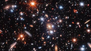 A mesmerizing view of a deep space field. Galaxies of varying shapes and colors are scattered across the dark canvas of the cosmos. photo