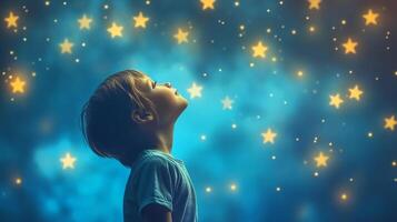 Child gazes at a magical, dreamy sky filled with glowing stars, lost in wonder and imagination, embodying innocence and a sense of endless possibility. photo