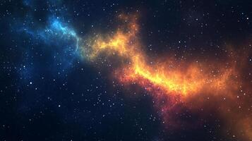 A stunning view of a cosmic nebula with swirling clouds of blue and gold amidst a starry expanse. A glimpse into the universe's grandeur. photo
