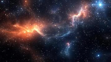 Vibrant cosmic tapestry with celestial clouds and countless twinkling stars in shades of deep blue and fiery orange on a black backdrop. photo
