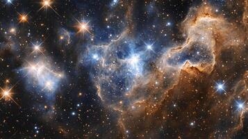 Spectacular nebulae of gas and dust illuminated by brilliant stars shine against a cosmic canvas, a breathtaking view of the universe. photo