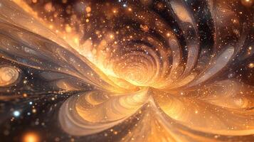 Abstract golden light swirl with glowing particles in a dynamic cosmic dance. Fractal waves and shining stars create a magical space. photo