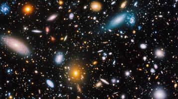 A breathtaking view into the universe, showing countless galaxies scattered across the dark expanse of space, each holding billions of stars. photo