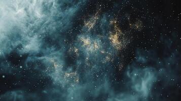 Nebulous celestial scenery with clusters of sparkling light in the cosmic expanse, presenting a striking contrast between light and dark. photo