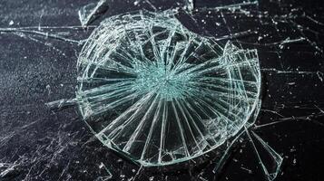 Shattered circle of glass on a black surface, radiating cracks outward. A visual metaphor for fragility and destruction. photo
