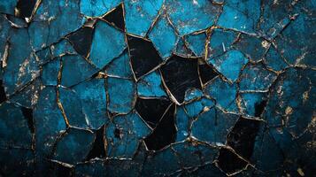 Abstract design with mosaic-like textures, featuring a vibrant blue contrasted by dark crevices and metallic detailing. photo