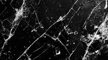 Cracked surface with scattered glass. The fractures spread across the dark background like lightning, revealing sharp edges and debris. photo